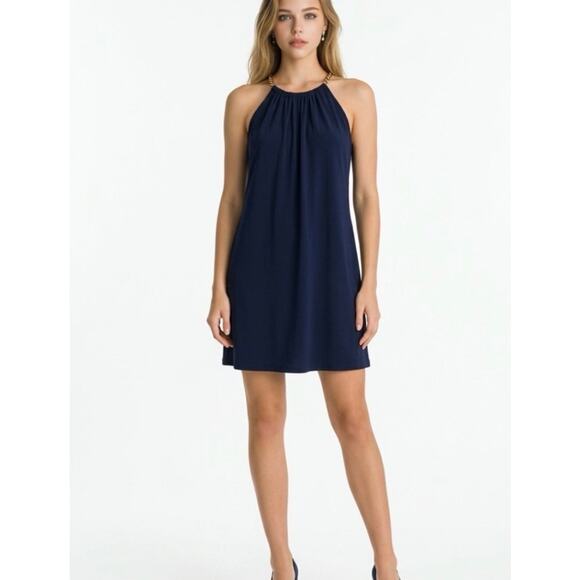 KORS Michael Kors Dresses & Skirts - Michael Kors Navy Blue Chain Strap Halter Dress Sleeveless Midi Shift Dress